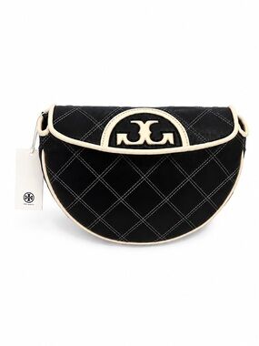 Tory Burch Fleming Quilted Crescent Crossbody Bag Black & Ivory NWT Leather